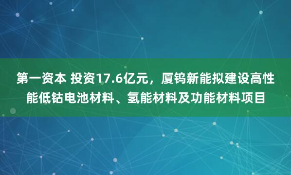 第一资本 投资17.6亿元,厦钨新能拟建设高性能低钴电池材料、氢能材料及功能材料项目